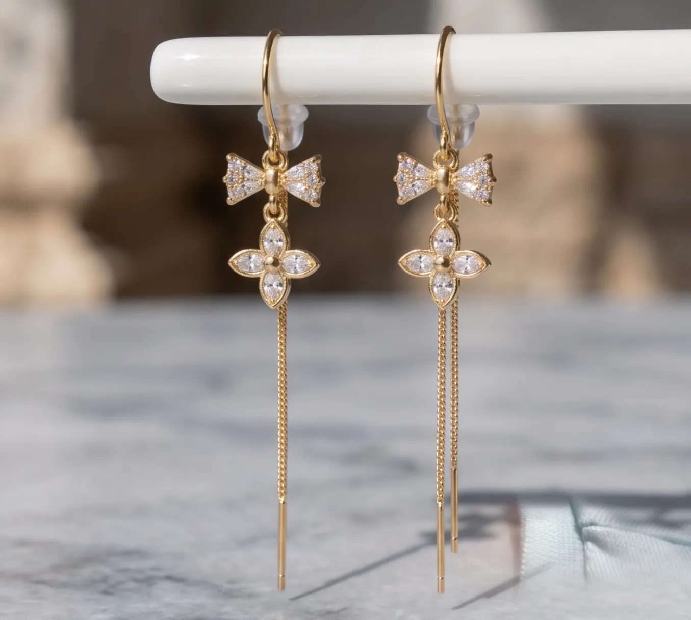Gold-Tone Clover Bow Threader Earrings